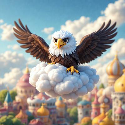 The primary subject of the image is a bird, specifically a bald eagle, flying through the sky. The bird is perched on a cloud, which is the main focus of the scene. The setting is a cityscape with various buildings and towers visible in the background. The visual style of the image is a combination of digital art and illustration, creating a vibrant and dynamic atmosphere. The colors and mood of the image are predominantly warm and inviting, with the bird and the cloud serving as the main elements